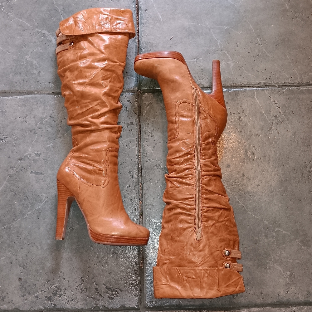 Jessica Simpson Yana Tall Tan Leather Scrunch High Heel Boots 7.5M